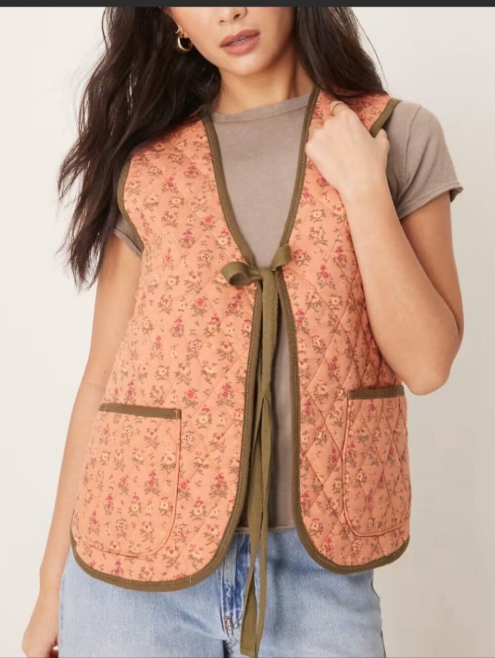 $96 Free People claudine quilted floral vest in orange & olive New!